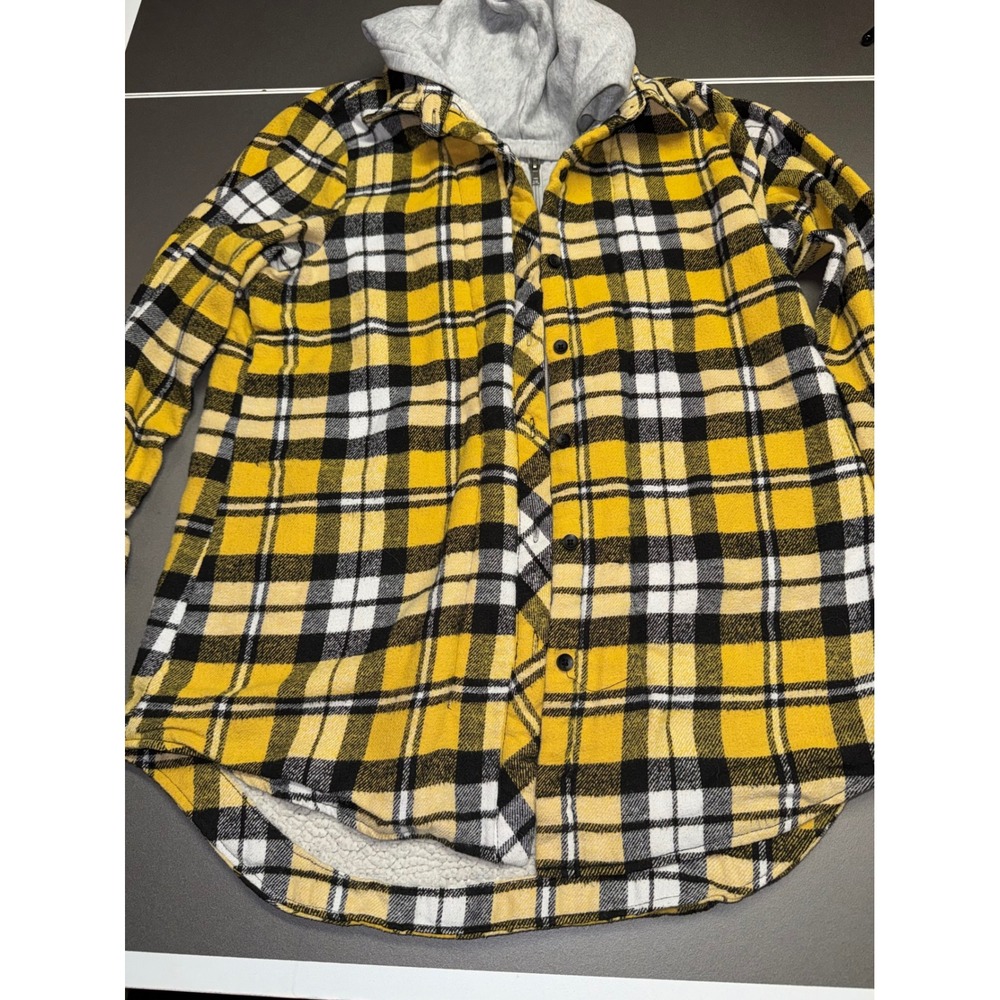 Yellow Plaid Sherpa Lined Hooded Flannel Jacket Zip Up Layered Hoodie Shirt‎